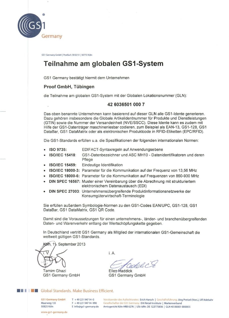 Certificat GS1 de la Proof GmbH
