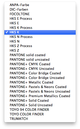 Selezione dei libri colore in Adobe Photoshop CC: HKS, Pantone, CMYK e molto altro.