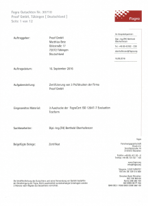 Volledig 12 pagina's tellend Fogra-testrapport van de Proof GmbH Tübingen 2016