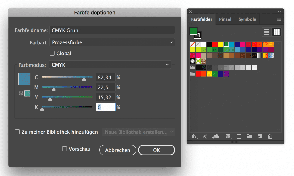 Adobe Illustrator 2019 Farbwähler CMYK Eingabe mit zwei Nachkommastellen