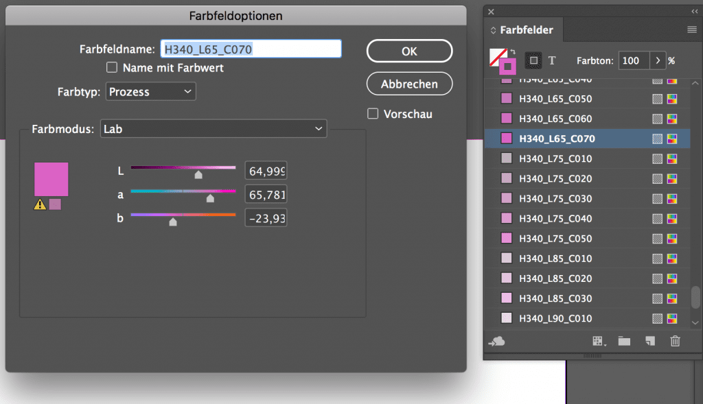 Adobe InDesign 2019 Importazione di valori cromatici freeColour CIELAB HLC atlante dei colori ASE in LAB