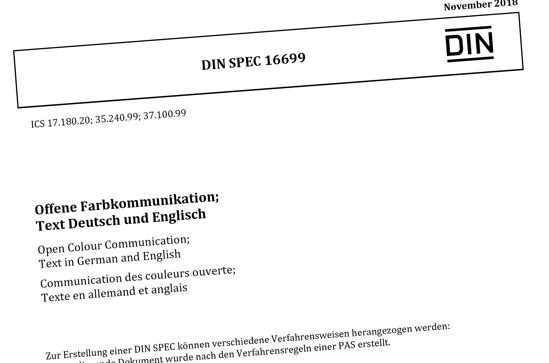 Vista previa Título DIN SPEC 16699 Offene Farbkommunikation / Comunicación en color abierta