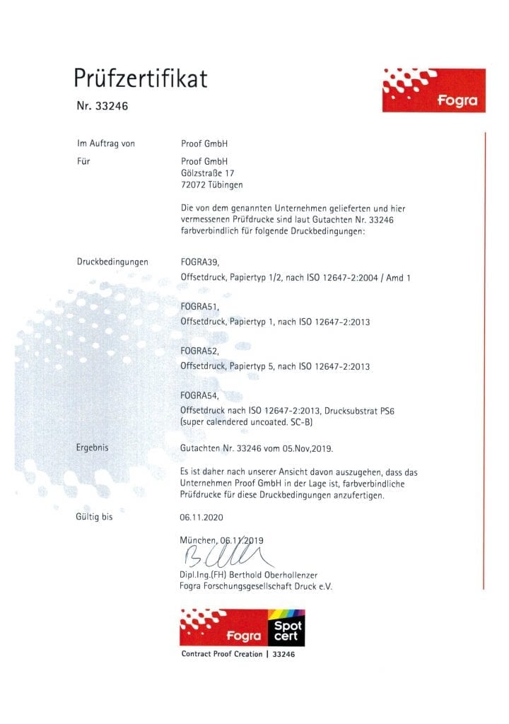 Proof.de Fogra Prüfzertifikat für Fogra Zertifizierung und Spot cert Sonderfarbzertifizierung