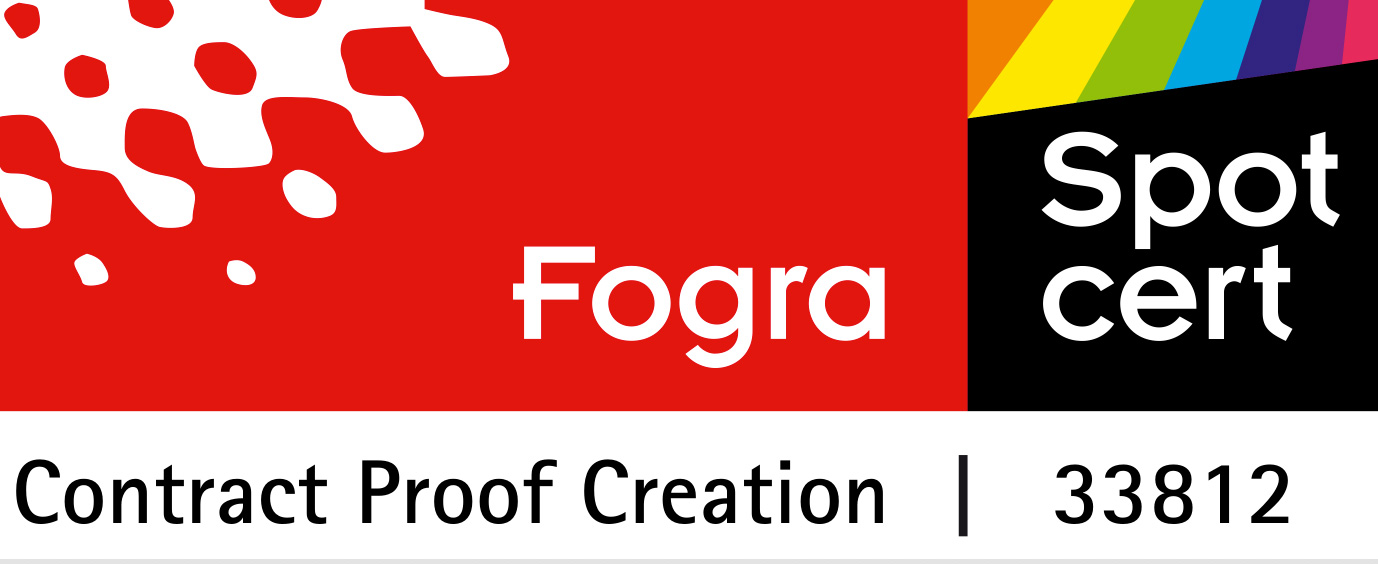 Proof.de Proof GmbH Fogra-sertifiointi 2020 Fogra Spot Certin mukaisesti ISOCoatedV2:lle, PSOCoatedV3:lle, PSOUncoatedV3:lle ja eciCMYK-v2:lle.