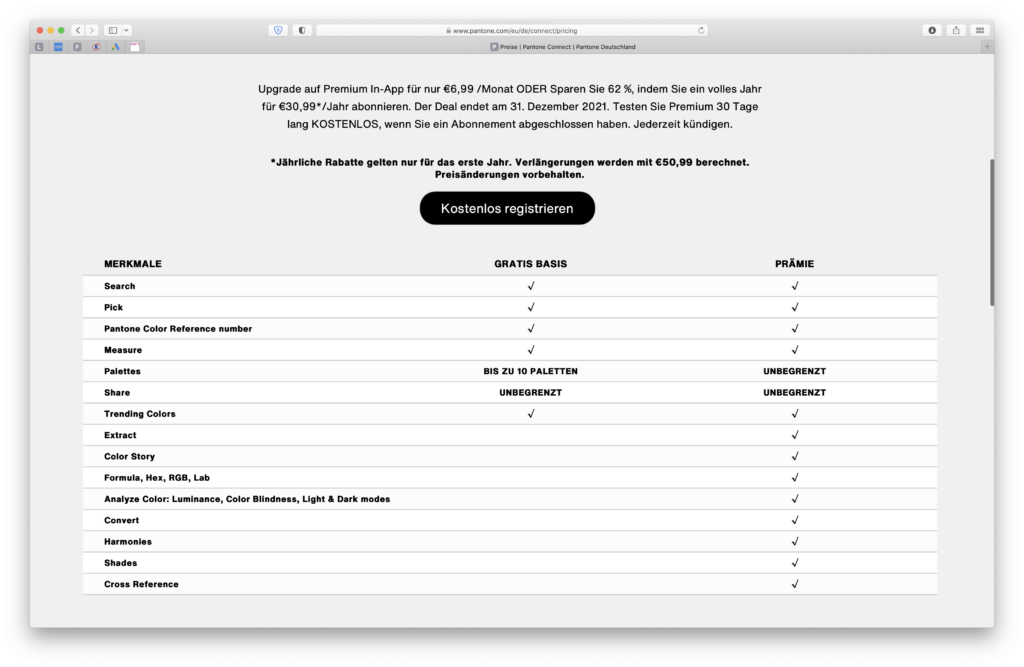 Preistabelle von PANTONE Connect: Wer alle Funktionen braucht, muss tief in die Tasche greifen.