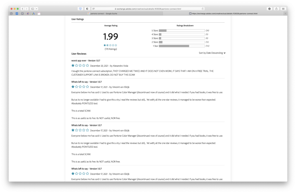 Extension PANTONE Connect chez Adobe : les évaluations sont plus que mauvaises