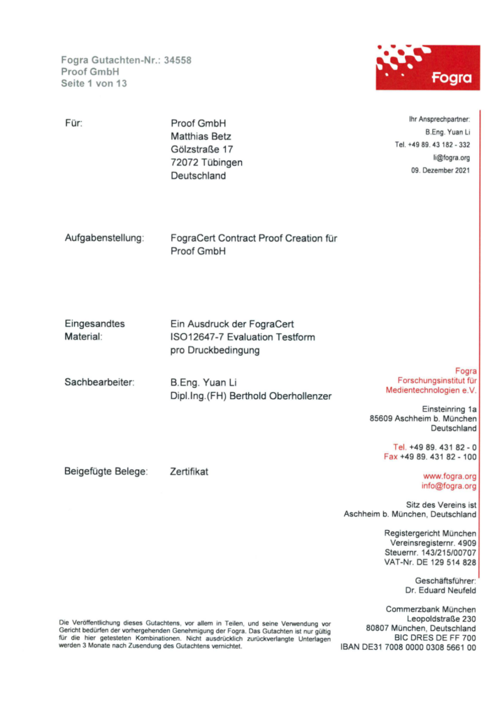 Název Testovací protokol Fogra Certifikát Proof GmbH 2021 Fogra Contract Proof Creation 34558