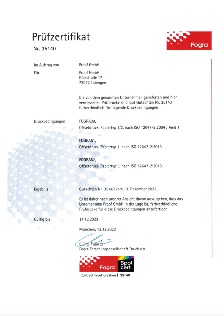 Proof GmbHFOGRA 31540 Certifikat för CMYK Bevis 2022 Certifiering
