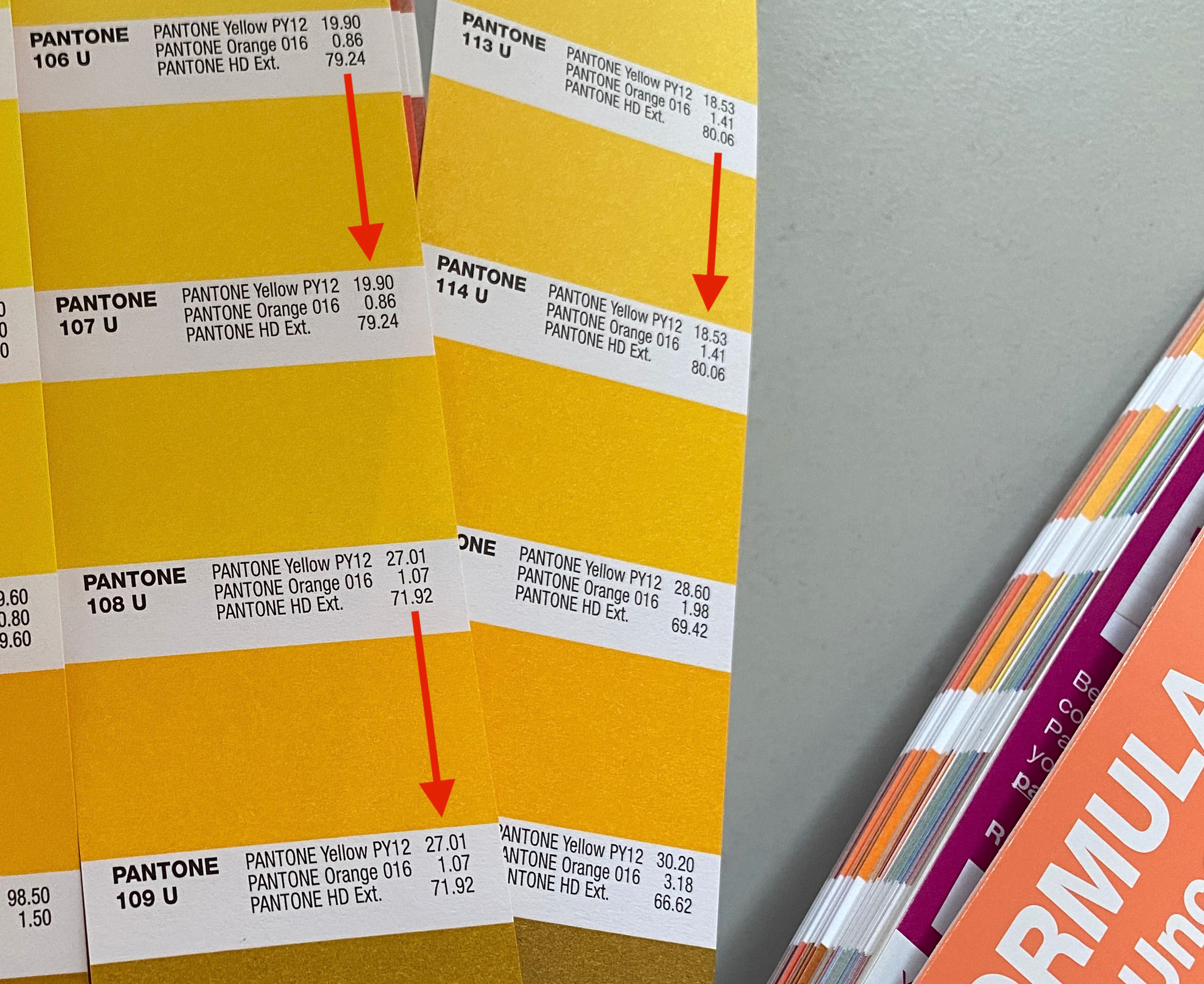 PANTONE Fan Solid Uncoated 2023 com erros na formulação da tinta. Vista pormenorizada dos valores de formulação idênticos para diferentes cores PANTONE.