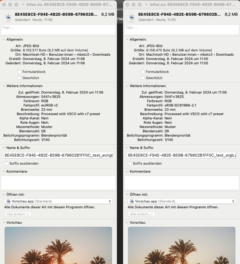 Vergleich der Dateigrößen eines sRGB und eines ECIRGBV2 Bildes mit identischer Speichereinstellung aus Photoshop
