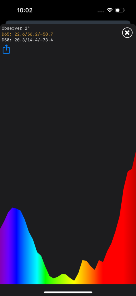 Simple selection of the measuring aperture with the iPhone 14 Pro and the xade nano+ - Results display with spectrum and D50 measured values